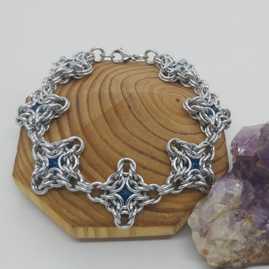 Diamond Byzantine Weave bracelet, made with anodized aluminum rings.