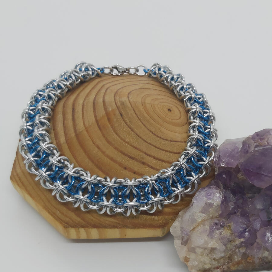 Gridlock Byzantine Weave bracelet, made with anodized aluminum rings.