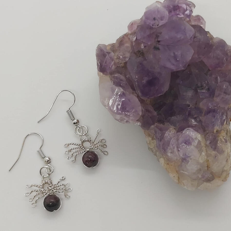 Spider Earrings made with sterling silver wire and garnet beads