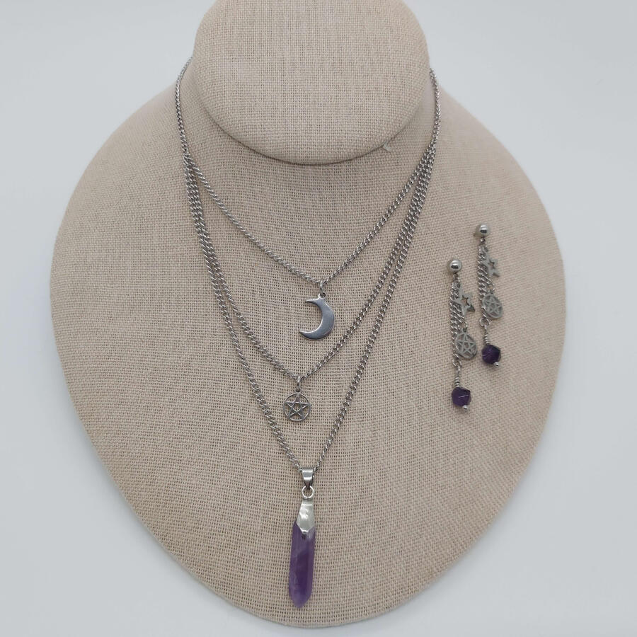 Witch&#39;s Pendant and Earring set, made to give the illusion of wearing 3 separate chains. Stainless steel and Amethyst.