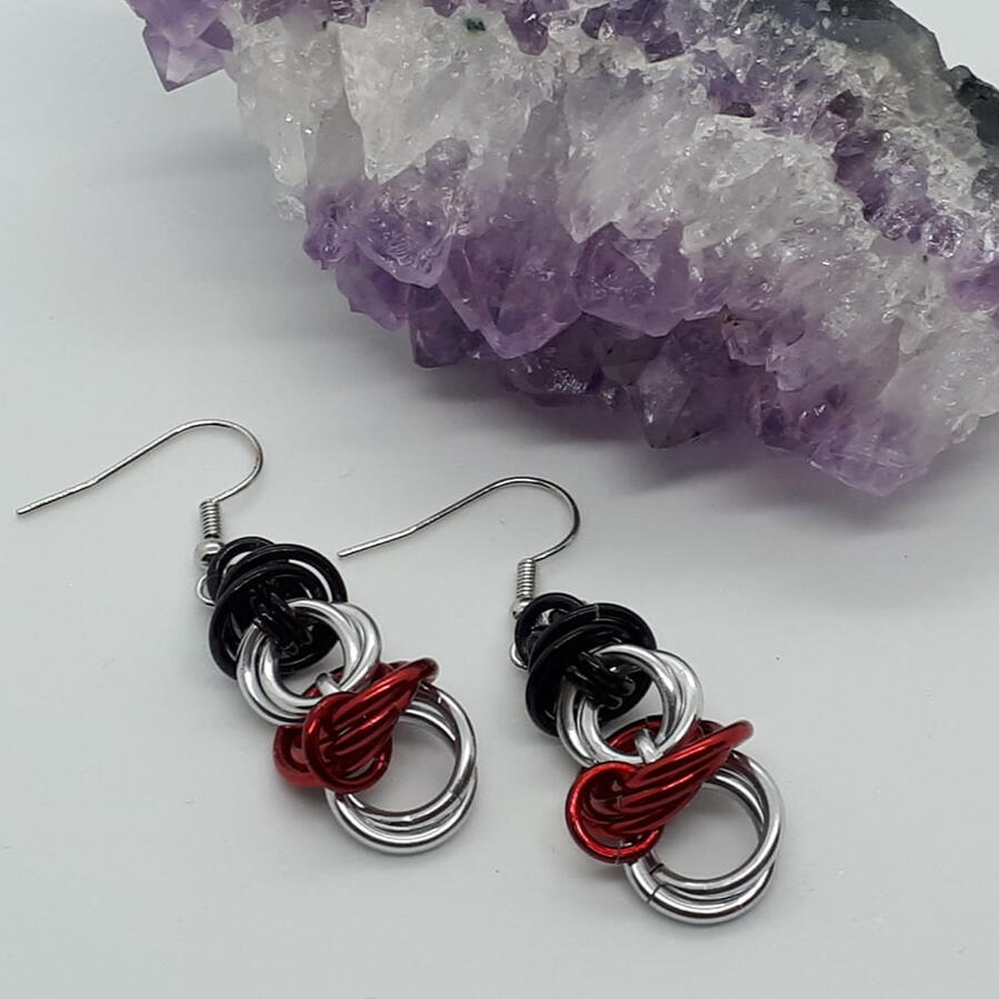 Snowman Earrings, made with anodized aluminum rings and stainless steel ear wires.