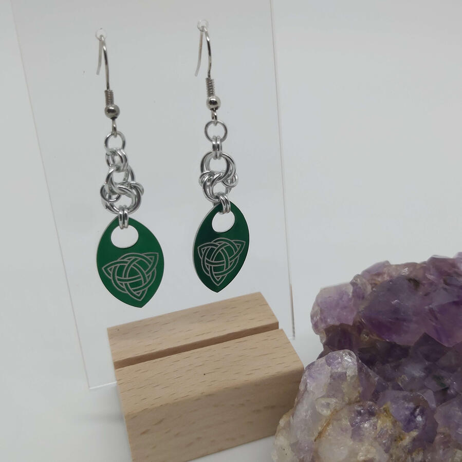 Celtic Spiral Earrings, made with anodized aluminum rings &amp; scales, and stainless steel ear wires.