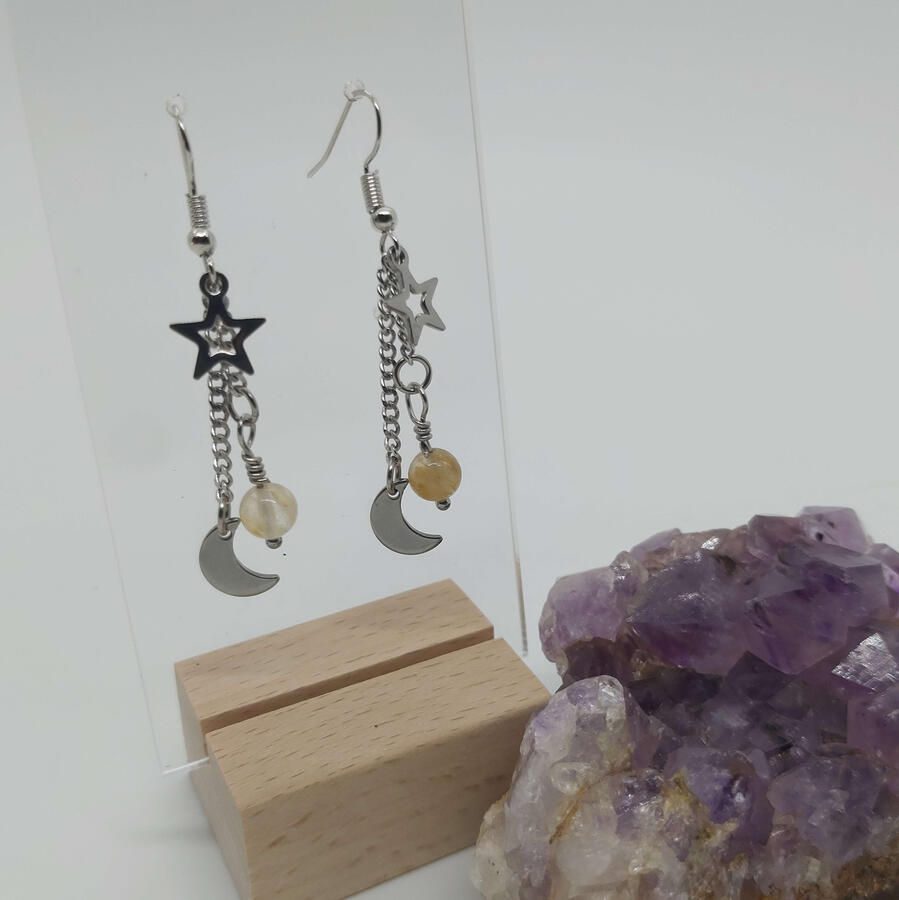 Crescent Moon Drop Earrings, made with semi-precious beads (citrine pictured) and stainless steel charms &amp; chain.