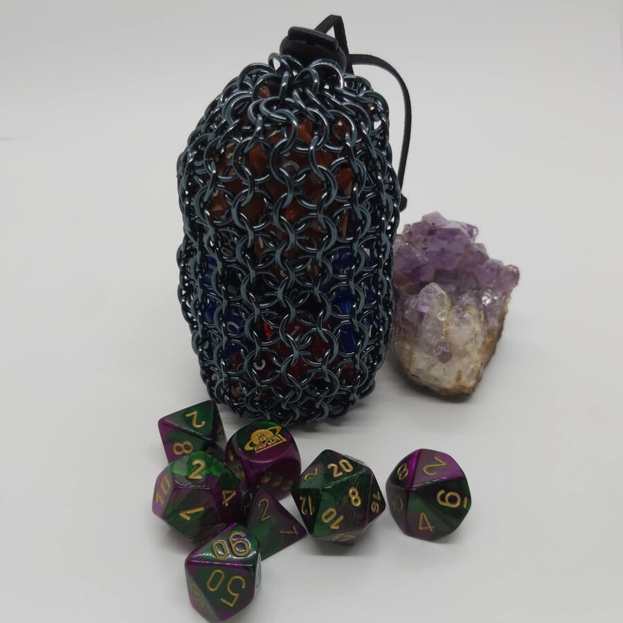 Regular Sized Bag, Anodized Aluminum. Holds four sets of standard dice.